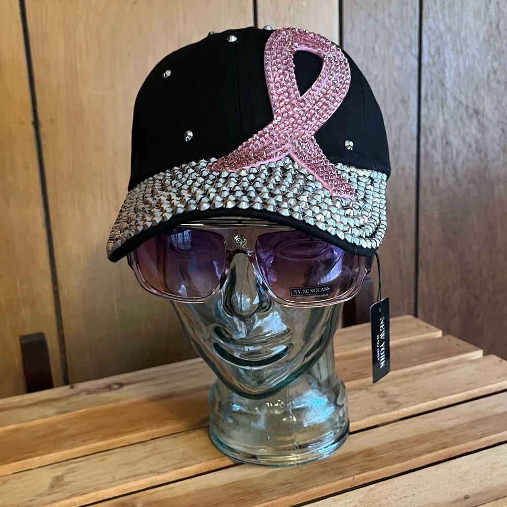 Pink/Black Bling Side Ribbon Cap for Breast Cancer Awareness